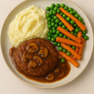Bife Salisbury com Puré e Legumes