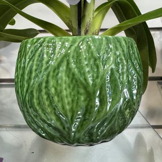 Vaso médio verde arredondado com detalhes 