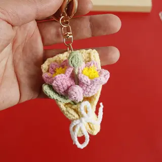 Porta chaves ramo de flores crochet amarelo e rosa
