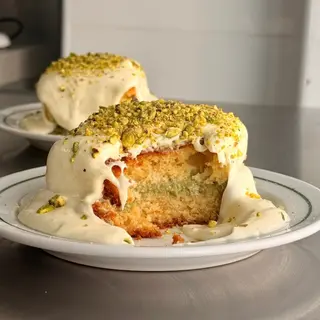 Bolo de baunilha, pistachio e mousse de Leite Nido