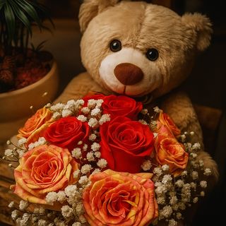 Cesto com urso e flores naturais