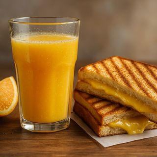 Sumo de laranja natural e tosta mista