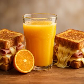 Sumo de laranja natural e 2 tostas mistas