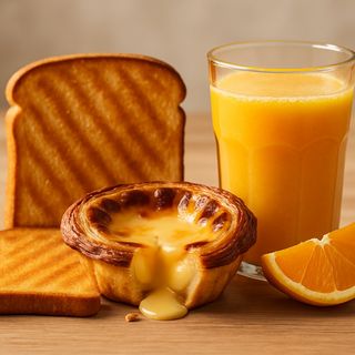 Sumo natural de laranja e 2 torradas e 1 pastel de nata