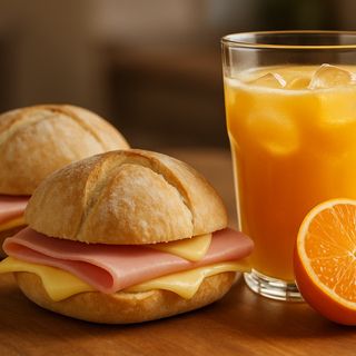 Sumo natural de laranja e 2 sandes mistas