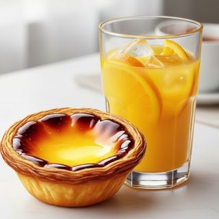 Sumo natural de laranja e pastel de nata
