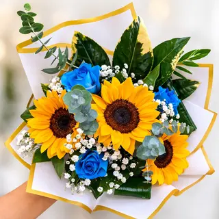 Bouquet Girassol & Rosas Azuis
