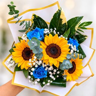 Bouquet Girassol & Rosas Azuis
