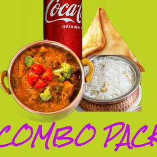 mix vegetables curry with rice , vegetables or chicken samosa and coca-cola