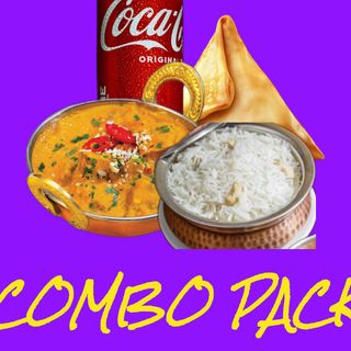 chicken curry with rice , vegetables or chicken samosa and coca-cola