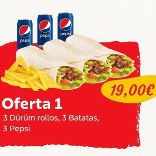 3 Durum rollos,3 Batatas,3 Bebidas