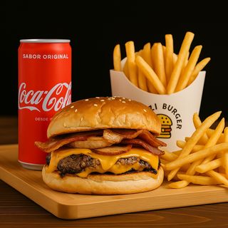 Menu Crunch Burger + Bebida + Acompanhamento + Molhos