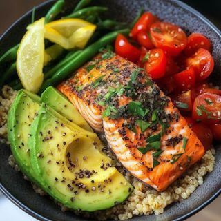 (31) Lemon Herb Salmon and Avocado Quinoa Bowl