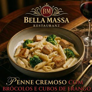 Penne cremoso com brócolos e cubos de frango