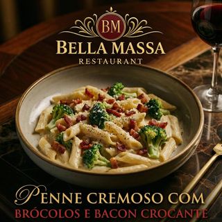 Penne cremoso com brócolos e bacon crocante