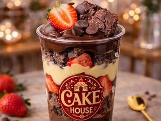 Delicia de brownie com creme de nido e morangos.