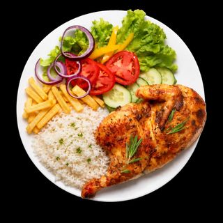 Meio Frango com batata, arroz e salada