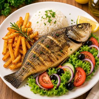 Robalo com batata, salada e arroz
