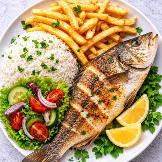 Robalo c/ batata, salada e arroz
