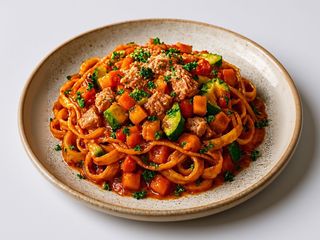 Tagliatelle com Atum e legumes da Horta 
