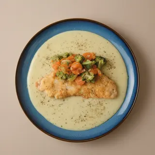 Filete de Pescado Panado com Puré de Batatas Cremoso