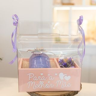 Malote com Vela Cheiro Lavanda + Imagem Gesso Perfumado de Mãe + Ramo de Flores Preservadas