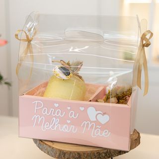 Malote com Vela Cheiro Baunilha + Imagem Gesso Perfumado de Mãe + Ramo de Flores Preservadas