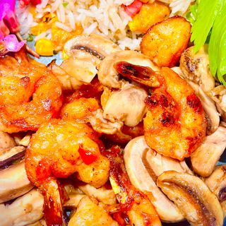 019.Gambas com cogumelos e arroz frito