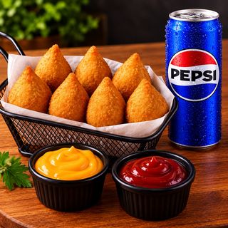 10 mini coxinhas 40g+2Molhos+Bebida