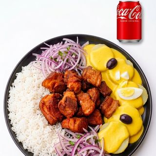 Chancho a la Huancaína+ Bebida