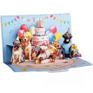 Cartão Pop-Up Festa de Aniversário com Cães 3D Deixe a sua mensagem nas notas ou ligue 965672401
