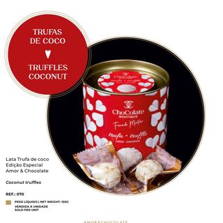 lata vermelha “Trufas de Coco – Amor & Chocolate”