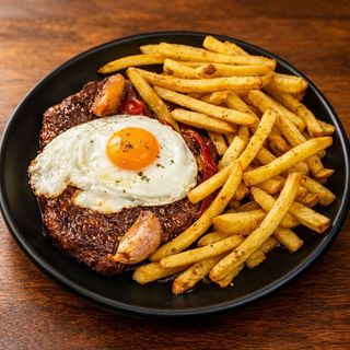 Bife de Seitan à Regional, com Batata Frita e Ovo Estrelado