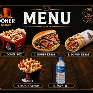 (1 Doner Box)( 1 Doner Kebab)( 1 Durum Kebab)( 1 Batata Grand )( 1 Agua 1,5lt)