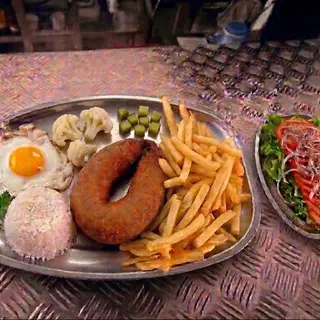 Alheira Frita com Batata Frita e Arroz