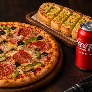 Pizza 4 toppings + bebida + pão alho