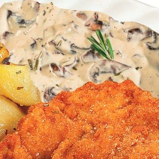 Snitel porc+Sos Panna+Cartofi la cuptor