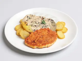Snitel porc+Sos Carbonara+Cartofi la cuptor