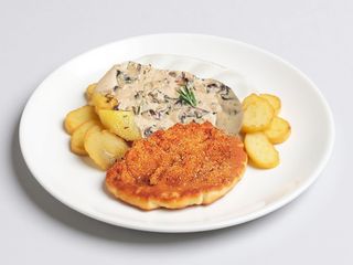 Snitel porc+Sos Carbonara+Cartofi la cuptor