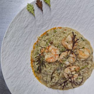 Risotto cu cozi de creveti, ciuperci de padure si busuioc