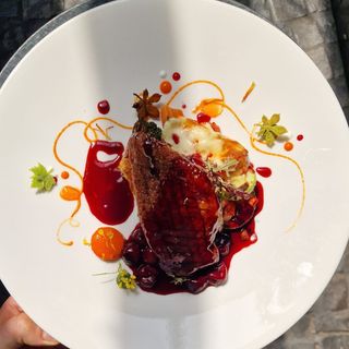 Piept de rata cu sos de cirese si legume