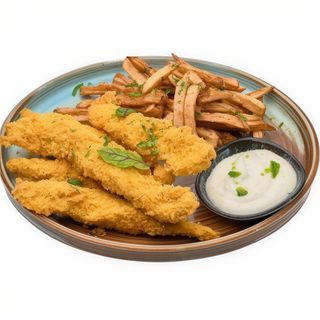 Gujoane de pui in fulgi de porumb, cartofi prajiti si sos aioli