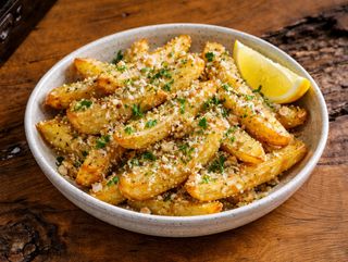 Cartofi prajiti dippers cu usturoi, parmezan si patrunjel fresh