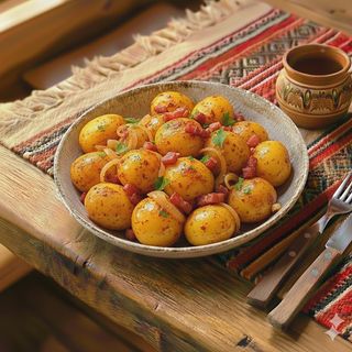 Cartofi trasi la tigaie cu ceapa si bacon 200g