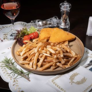 Cascaval pane cu cartofi pai si salata de varza