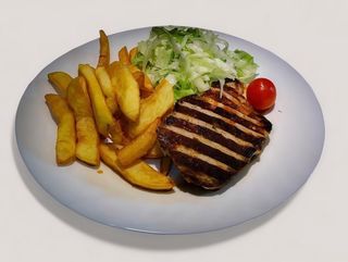 Cotlet de porc la gratar+cartofi prajiti+salata de varza