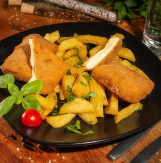 Meniu Cascaval pane cu cartofi aurii si salata asortata