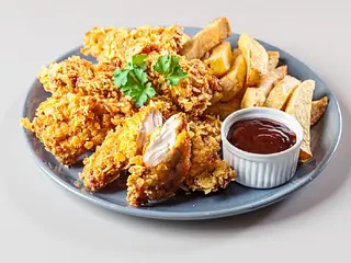 Crispy de pui cu cartofi pai si sos picant