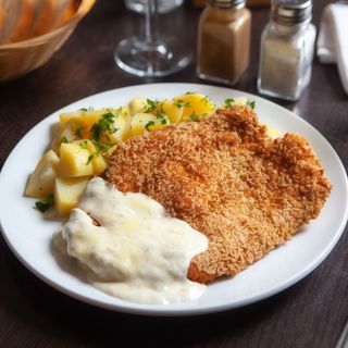 Piept de pui în crustă de susan cu sos de cașcaval