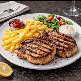 2 ceafă de porc la grătar + 2 cartofi prăjiți